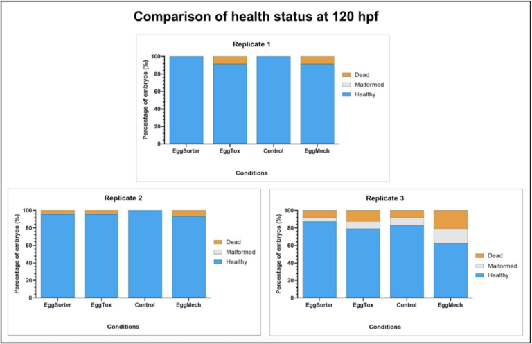 Figure 3: Comparison of the health status at 120 hpf of all conditions among the three replicates. Significant differences were calculated between each condition and its corresponding Control condition (negative control) using Fisher’s exact test, * (p≤0.05), ** (p≤0.01), *** (p≤000.1), with a significance level of α=0.05. No significant differences are to be noted.