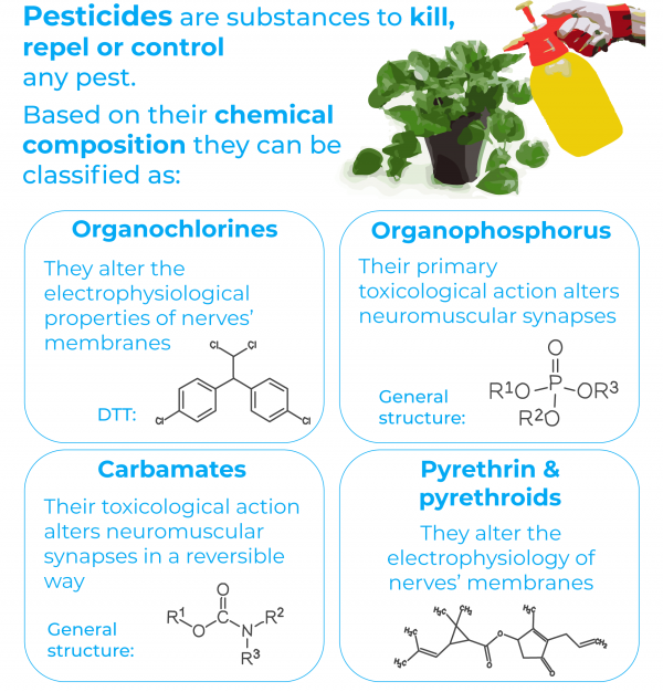 pesticides kill, repel and control pests. There are four classes: organochlorines, organophosphates, carbamates and pyrethrins and pyrethroids