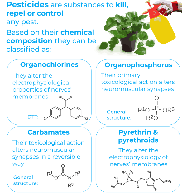 pesticides classification pesticides kill, repel and control pests. There are four classes: organochlorines, organophosphates, carbamates and pyrethrins and pyrethroids